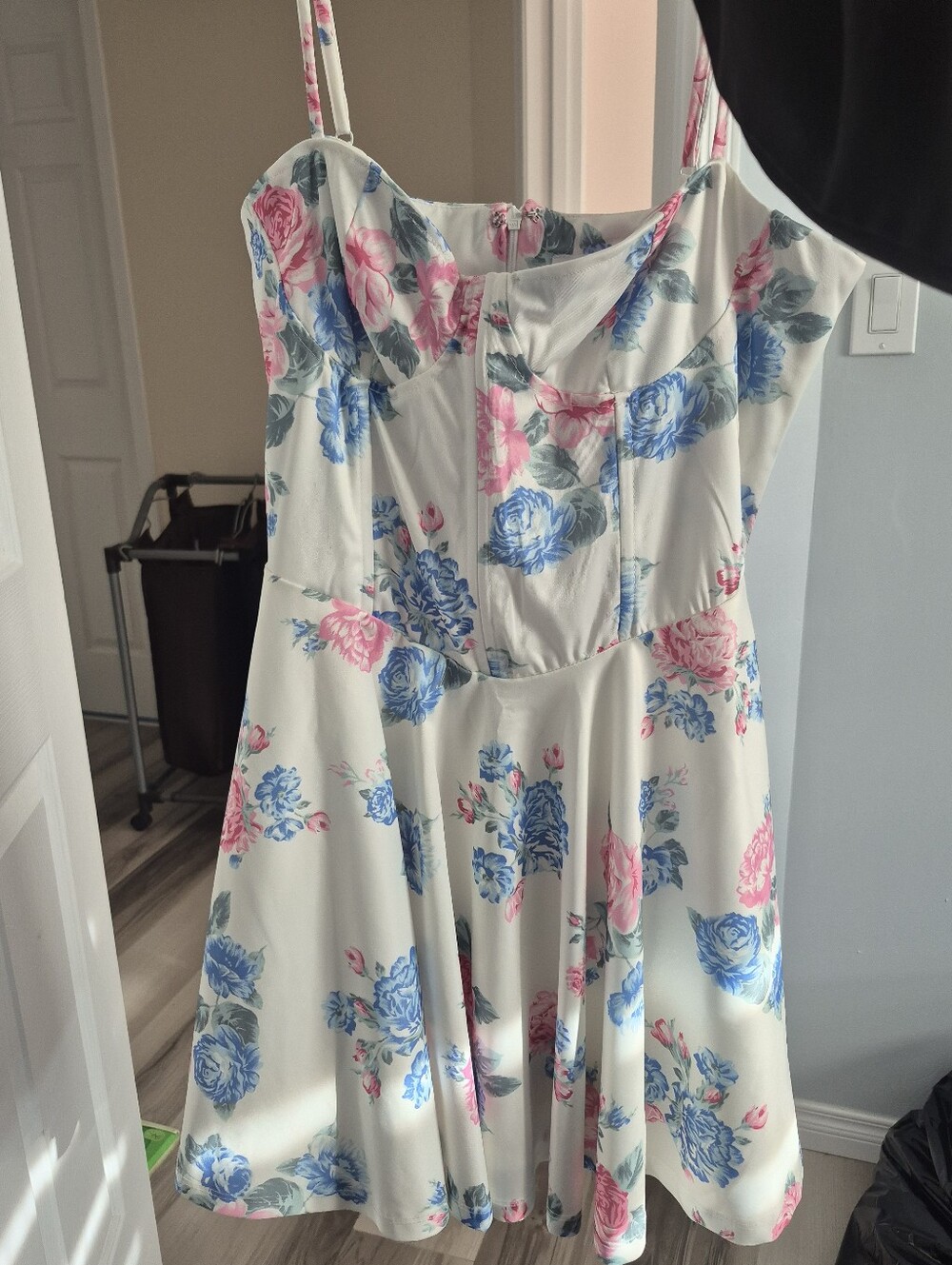 Ardene White Floral Spaghetti-Strap Skater Dress with Pink & Blue Roses